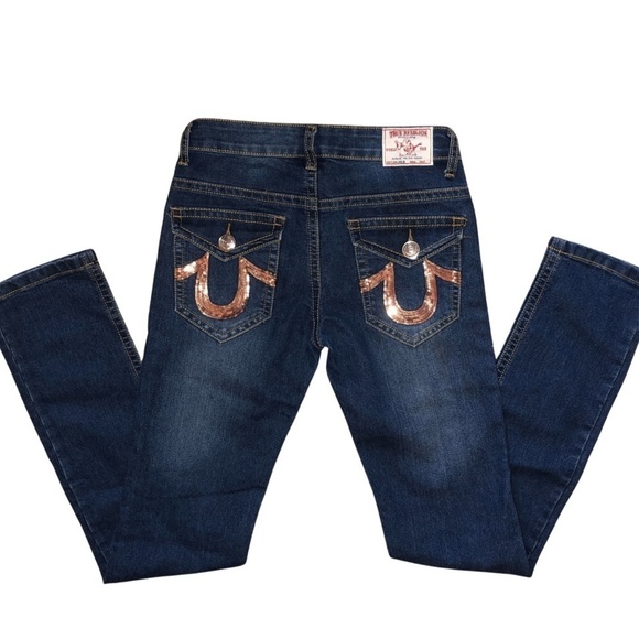 True Religion Women’s “Julie” Dark Wash Gold Sequin Jeans Size 27 - Picture 2 of 13